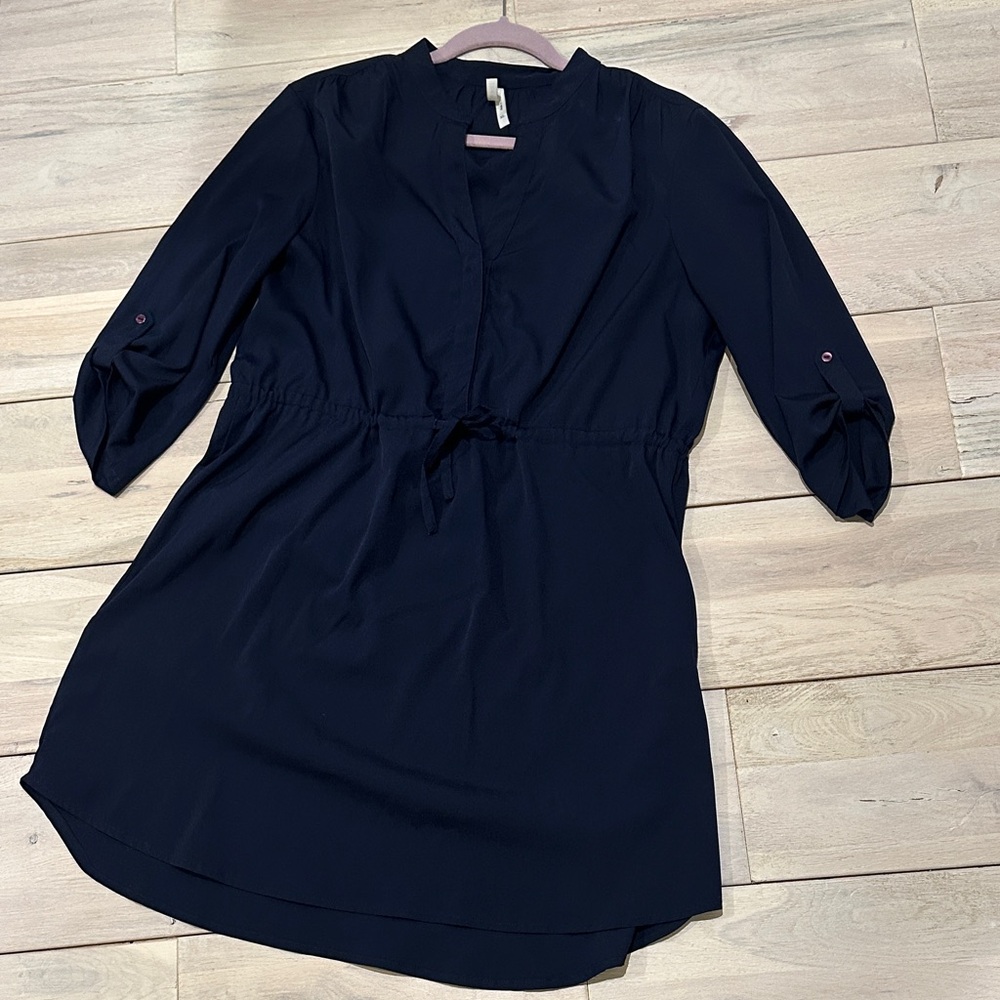 Navy Blue Midi Dress Tunic 3/4 Sleeves and adjustable waist lightweight